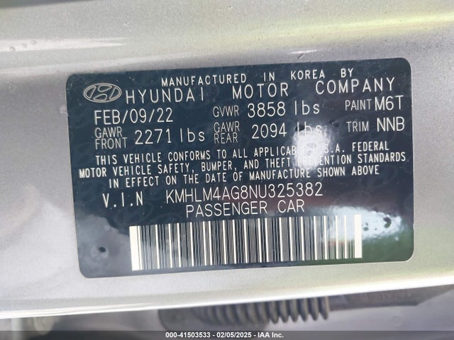 KMHLM4AG8NU325382 Hyundai ELANTRA SEL