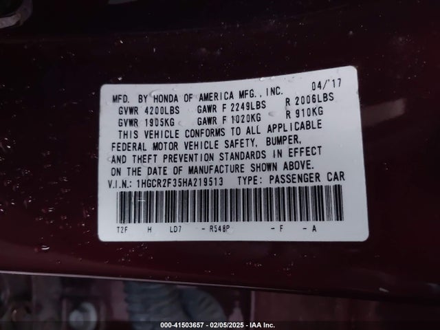 Aukcja sprzedaży 2017 Honda Accord Lx, vin: 1HGCR2F35HA219513, numer aukcji: 41503657