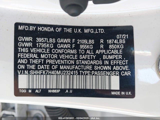 SHHFK7H40MU232415 Honda Civic Sport