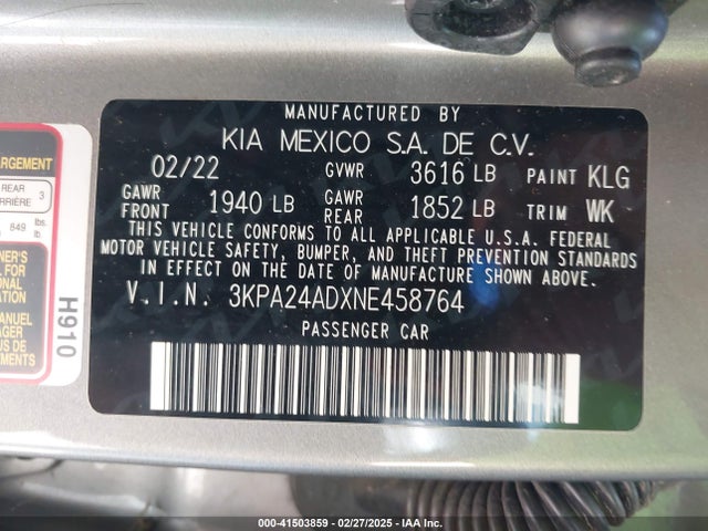 3KPA24ADXNE458764 KIA RIO S