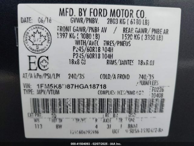 1FM5K8D87HGA18718 Ford EXPLORER XLT