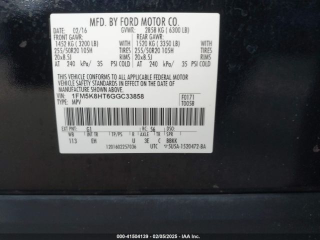 1FM5K8HT6GGC33858 Ford Explorer Platinum