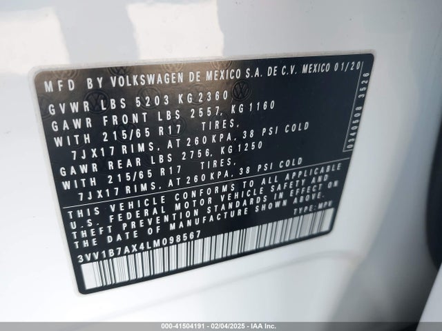 3VV1B7AX4LM098567 Volkswagen Tiguan 2.0t S
