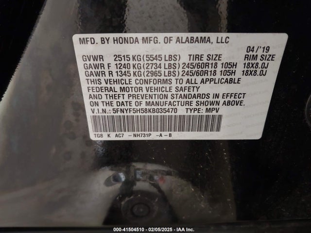 5FNYF5H58KB035470 Honda Pilot Ex-l