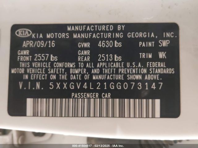 5XXGV4L21GG073147 KIA Optima Sxl Turbo