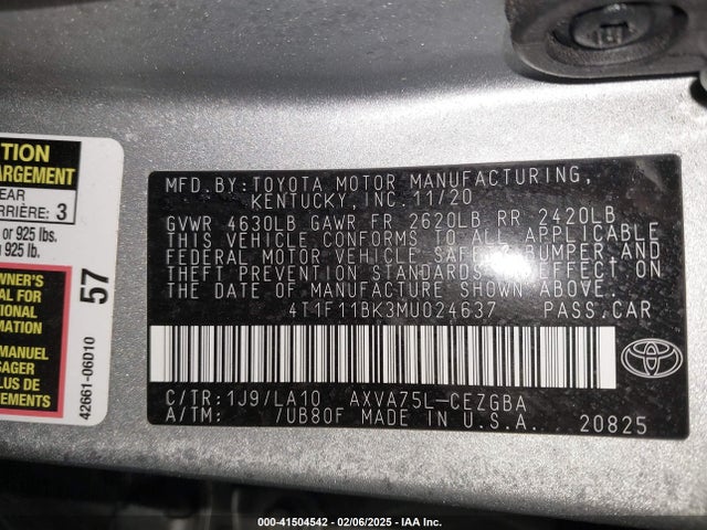4T1F11BK3MU024637 Toyota Camry Xle Awd