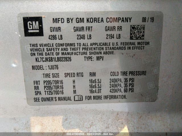 KL7CJKSB1LB022826 Chevrolet Trax Fwd Ls