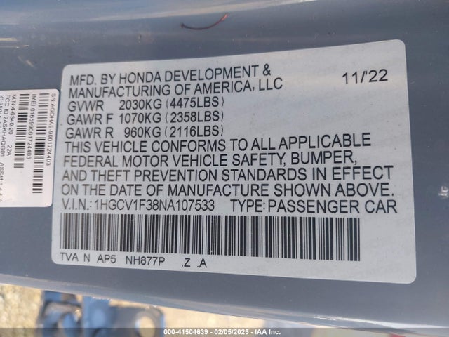 1HGCV1F38NA107533 Honda Accord Sport