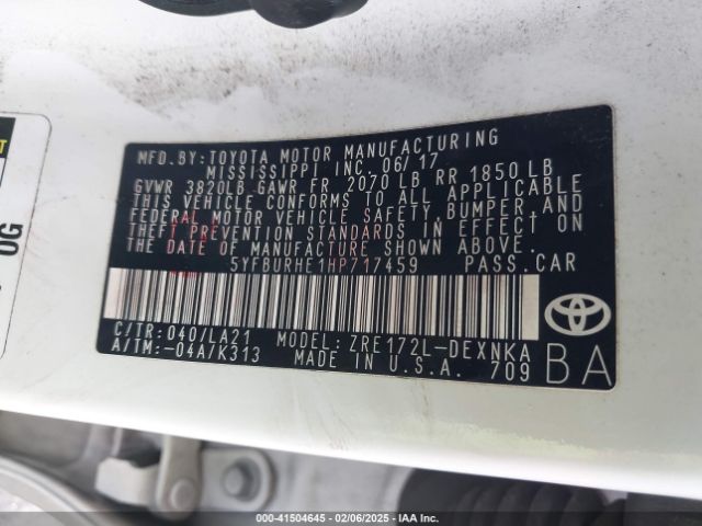 5YFBURHE1HP717459 Toyota Corolla Xle