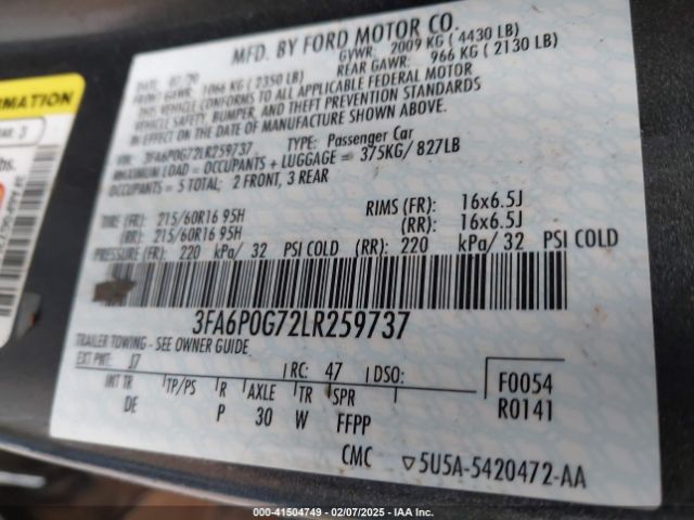 3FA6P0G72LR259737 Ford FUSION S