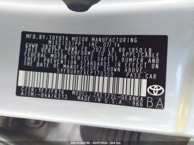 5YFBURHE6EP170359 Toyota Corolla Le/le Plus/le Premium