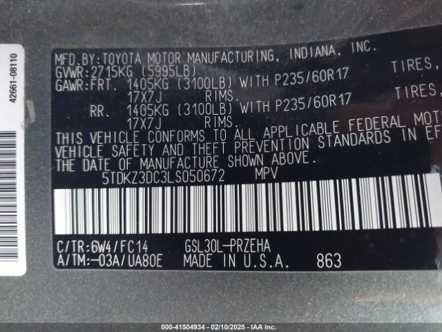 5TDKZ3DC3LS050672 Toyota SIENNA LE