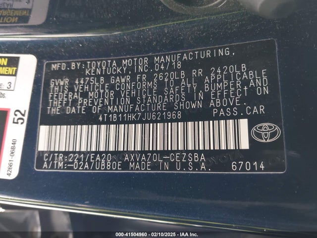 4T1B11HK7JU621968 Toyota CAMRY SE