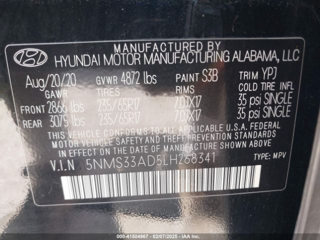 5NMS33AD5LH268341 Hyundai Santa Fe Sel