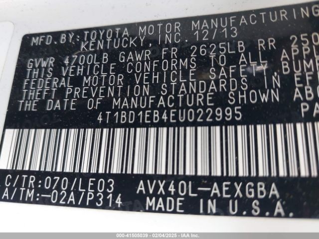 4T1BD1EB4EU022995 Toyota Avalon Hybrid Xle Touring