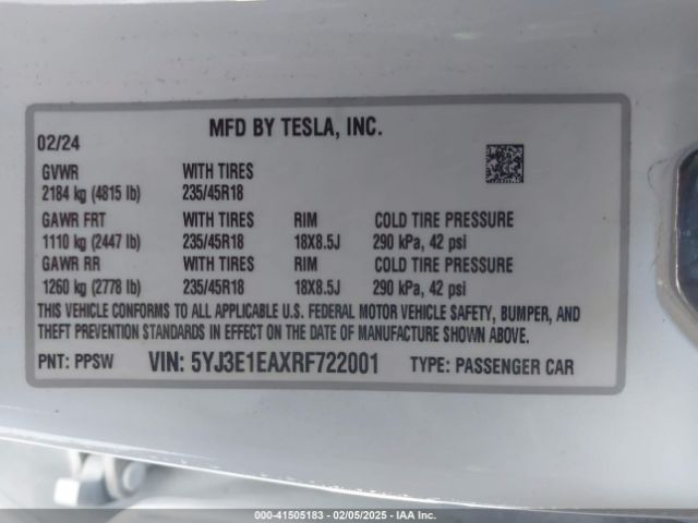 5YJ3E1EAXRF722001 Tesla Model 3 Long Range Dual Motor All-wheel Drive/rear-wheel Drive