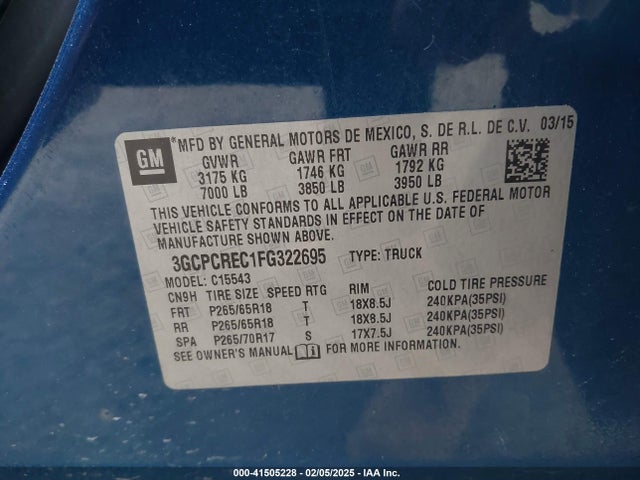 3GCPCREC1FG322695 Chevrolet Silverado 1500 2lt
