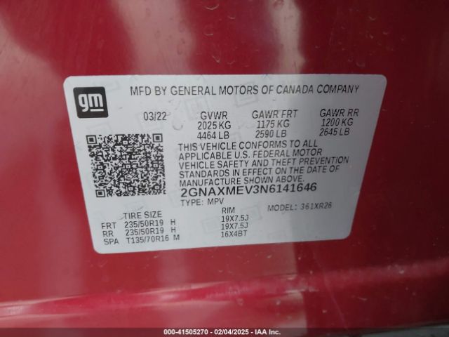2GNAXMEV3N6141646 Chevrolet Equinox Fwd Rs