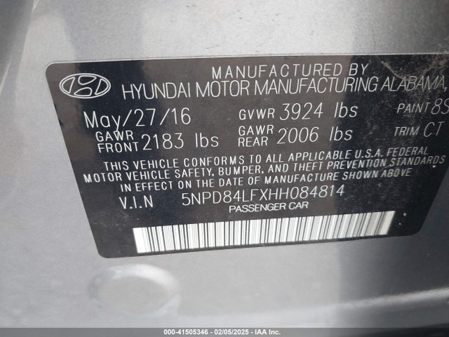 5NPD84LFXHH084814 Hyundai 2017