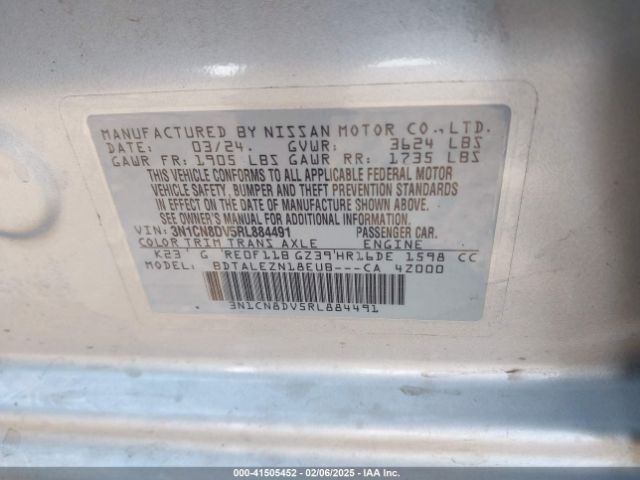 3N1CN8DV5RL884491 Nissan Versa 1.6 S