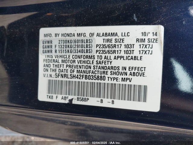 Honda ODYSSEY EX 2015 5FNRL5H42FB035880 Image 9
