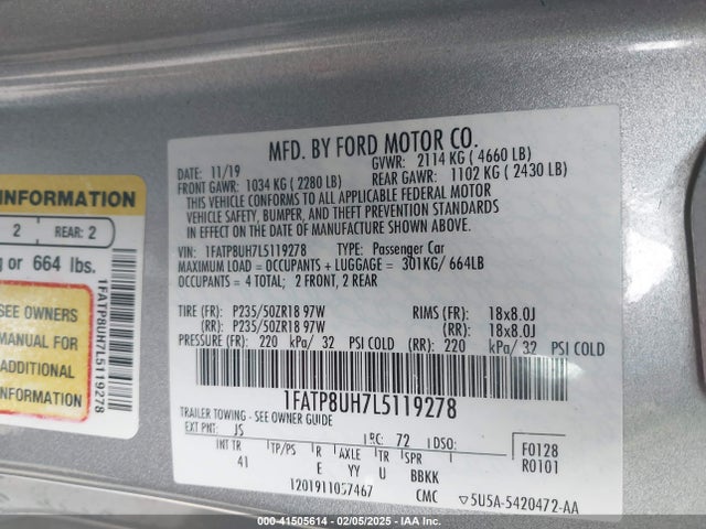 1FATP8UH7L5119278 Ford Mustang Ecoboost Premium