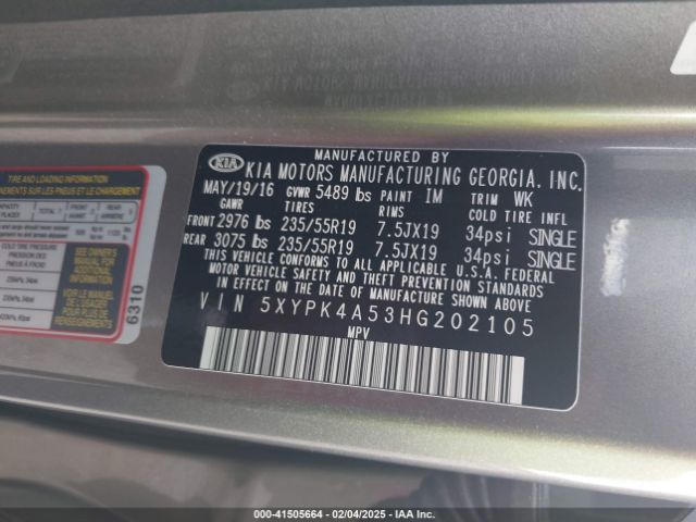 5XYPK4A53HG202105 KIA Sorento 3.3l Sxl