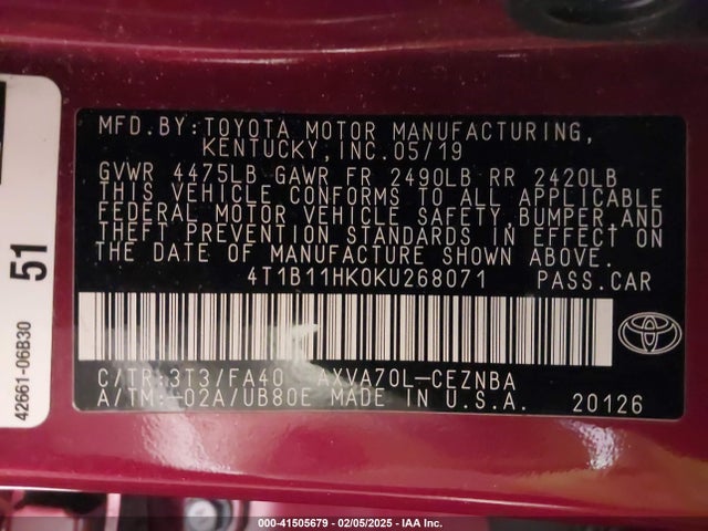 4T1B11HK0KU268071 Toyota CAMRY LE