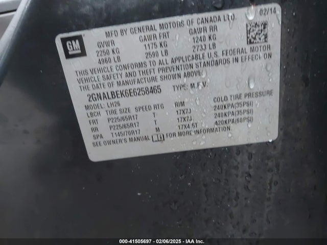 Chevrolet EQUINOX 1LT 2014 2GNALBEK6E6258465 Image 9