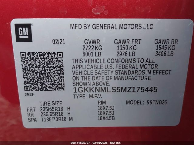 1GKKNMLS5MZ175445 GMC Acadia Fwd Slt