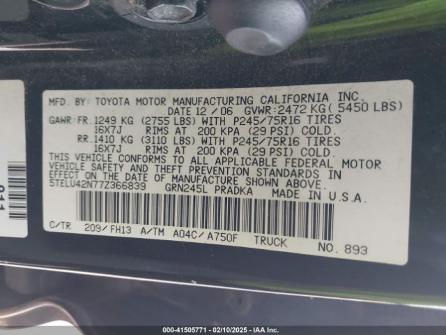 2007 TOYOTA TACOMA 5TELU42N77Z366839 Photo 8