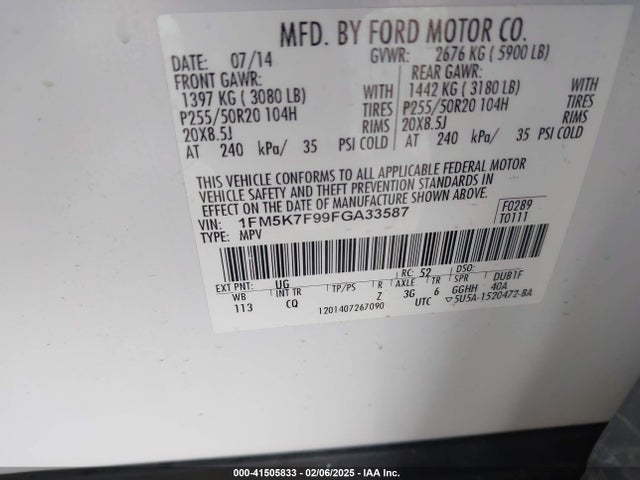 Ford Explorer Limited 2015 1FM5K7F99FGA33587 Image 9