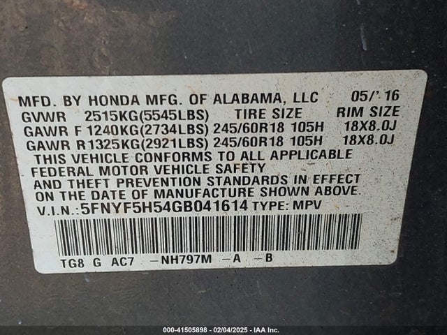 5FNYF5H54GB041614 Honda Pilot Ex-l