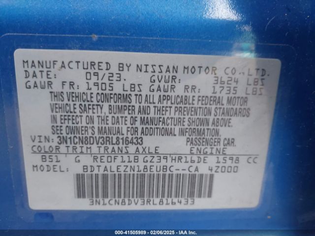 3N1CN8DV3RL816433 Nissan Versa 1.6 S