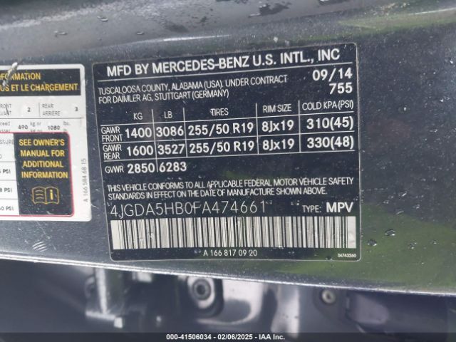 4JGDA5HB0FA474661 Mercedes-Benz Ml 350 4matic