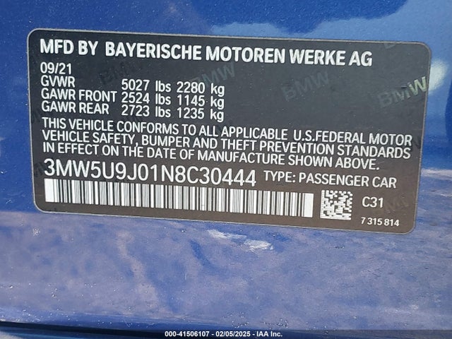 3MW5U9J01N8C30444 BMW M340I