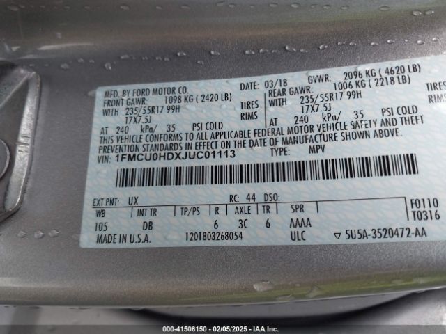 1FMCU0HDXJUC01113 Ford ESCAPE SEL