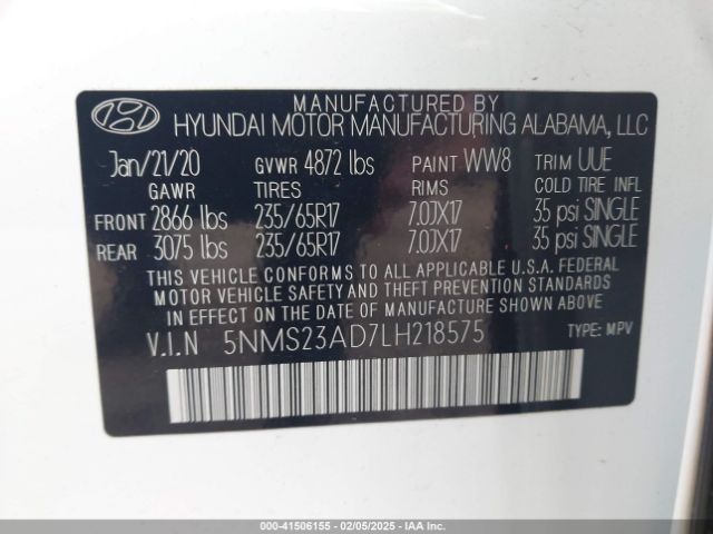 5NMS23AD7LH218575 Hyundai Santa Fe Se