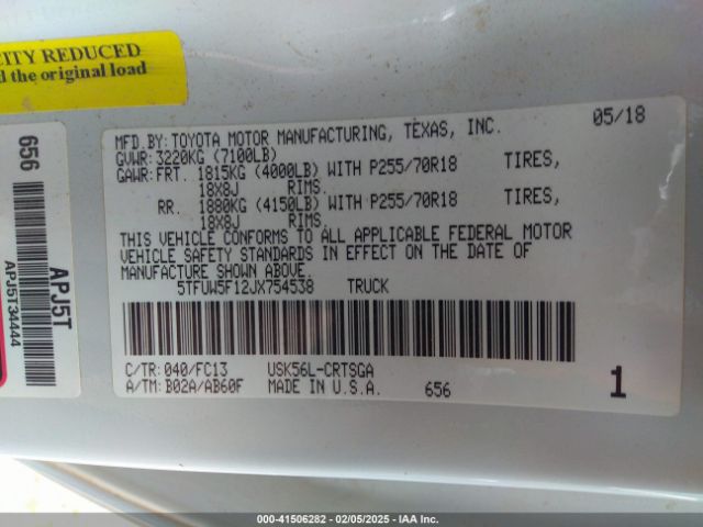5TFUW5F12JX754538 Toyota Tundra Sr5 5.7l V8