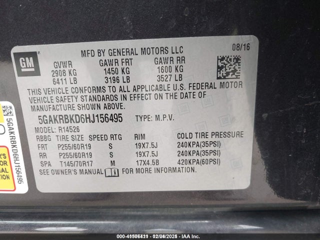 Buick llt - alum, 60 degrees, sidi: spark ignited direct injection 2017 5GAKRBKD6HJ156495 Image 9