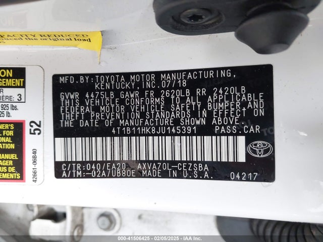 4T1B11HK8JU145391 Toyota CAMRY SE