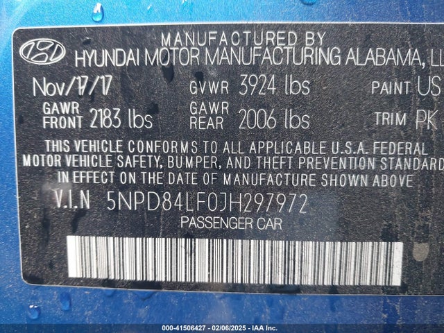 Продажа на аукционе авто 2018 Hyundai Elantra Sel, vin: 5NPD84LF0JH297972, номер лота: 41506427