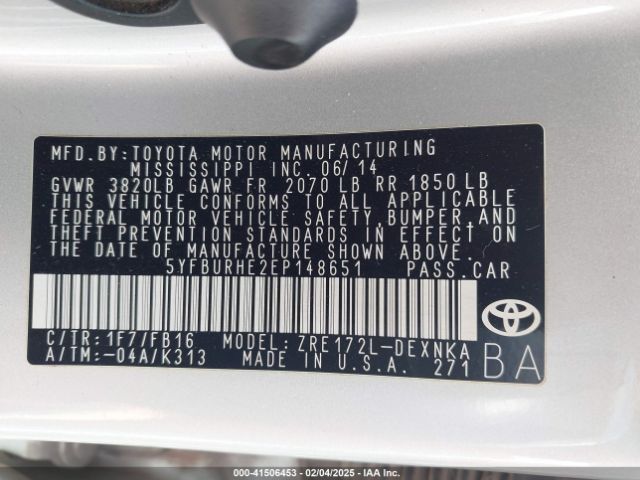 5YFBURHE2EP148651 Toyota Corolla Le/le Plus/le Premium