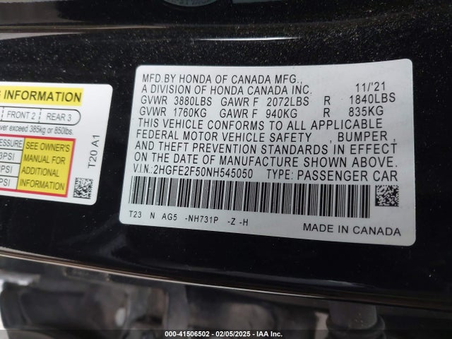 2HGFE2F50NH545050 Honda Civic Sport