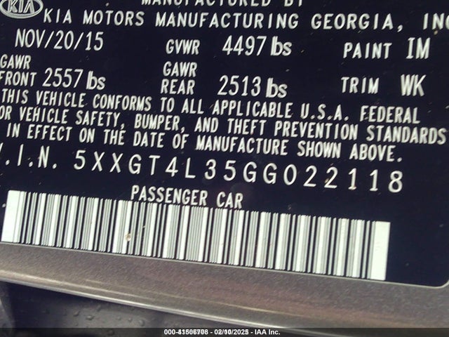 5XXGT4L35GG022118 KIA Optima Lx