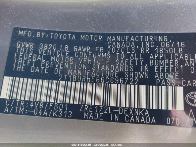 2T1BURHE6GC696722 Toyota COROLLA LE