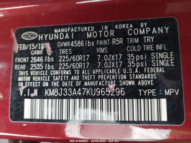 KM8J33A47KU965296 Hyundai Tucson Value