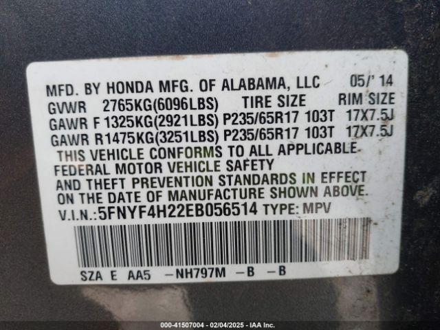 5FNYF4H22EB056514 Honda PILOT LX