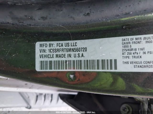 1C6SRFRT6MN560720 RAM 1500 Laramie  4x4 6'4 Box