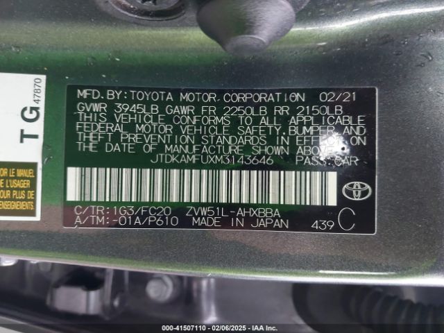 JTDKAMFUXM3143646 Toyota Prius L Eco